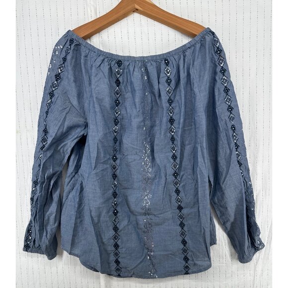 Chicos Womens Top Sz 1 S Blue Chambray Embroidered Beaded Coastal Beachy Boho - Picture 3 of 10